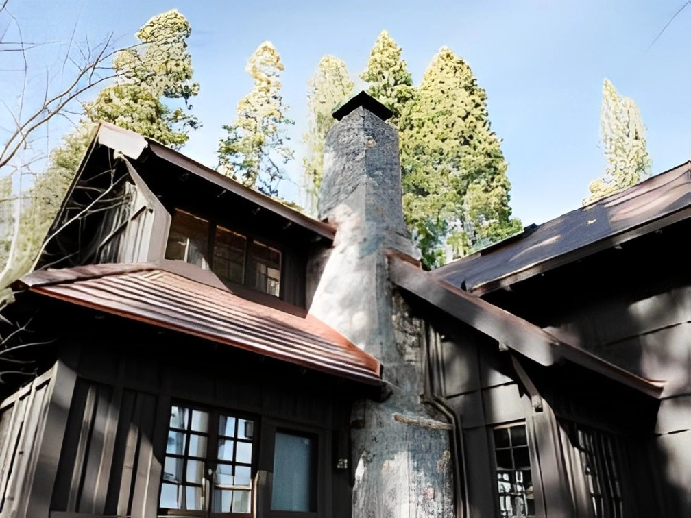 A rustic house with a large tree trunk incorporated into its chimney offers an ideal setting for those seeking Ice Dam Solutions, surrounded by tall trees under a clear blue sky.