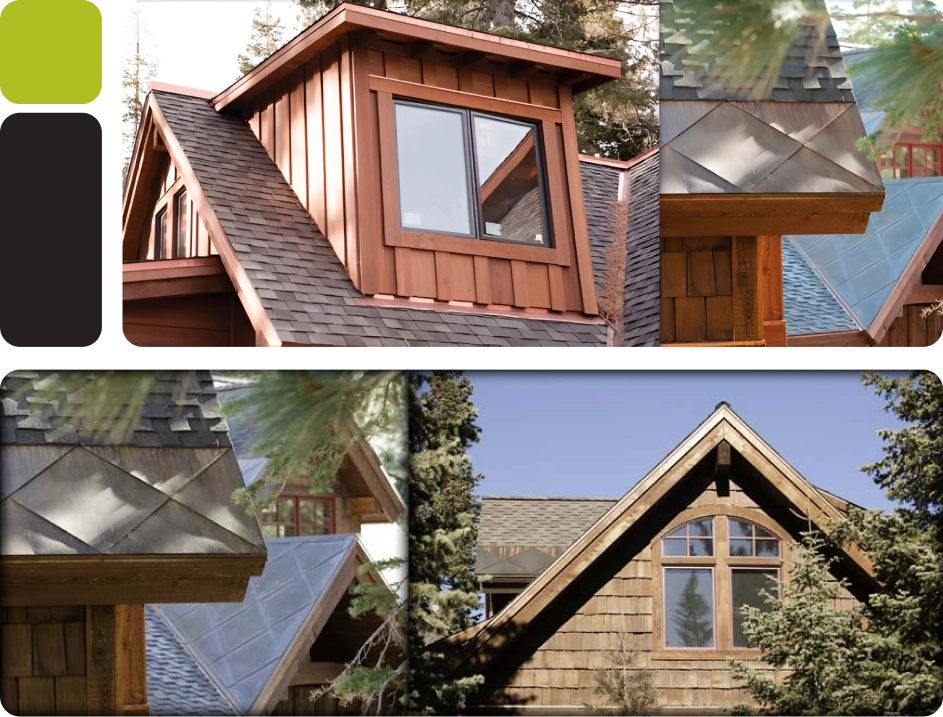 Roofing companies masterfully crafted the details of this wooden house, featuring a charming dormer, durable shingles, and a sleek metal roof section nestled among the trees.